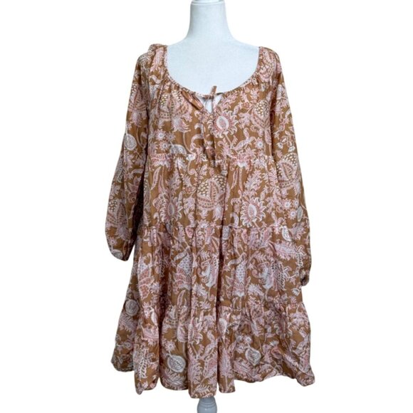 Roller Rabbit Printed Dress Long Sleeve Smocked Boho Cotton Silk Blend Womens L - Picture 1 of 8